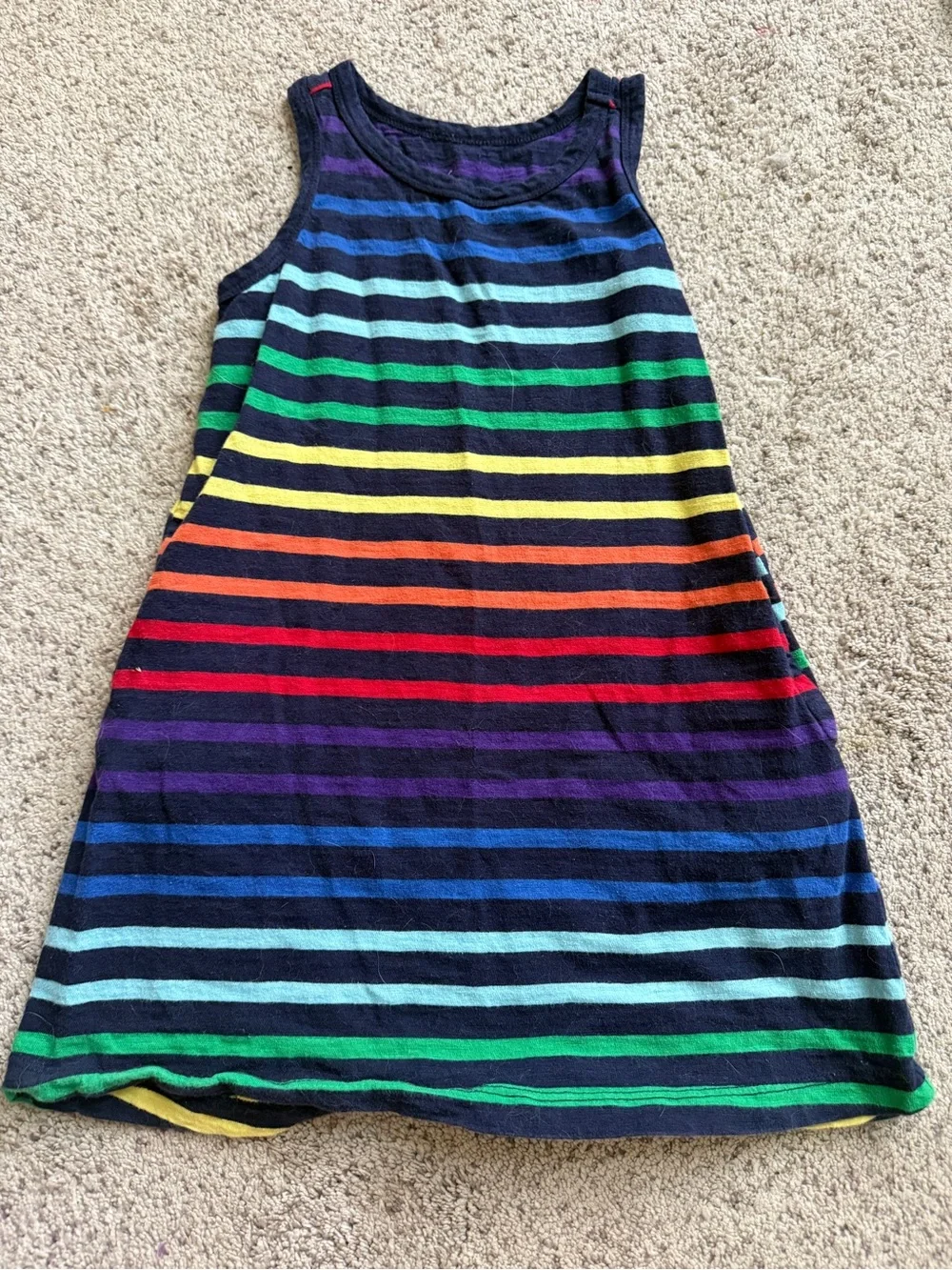 Primary Rainbow Stripe Tank Dress - Navy Base with Multicolor Stripes